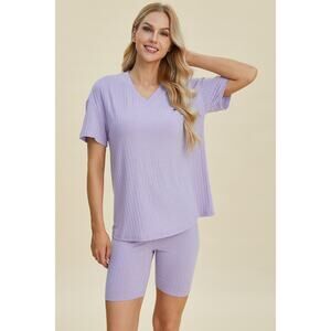 BASIC BAE Lavender Ribbed V-Neck Short Sleeve Top and Shorts Set NEW Misses Plus